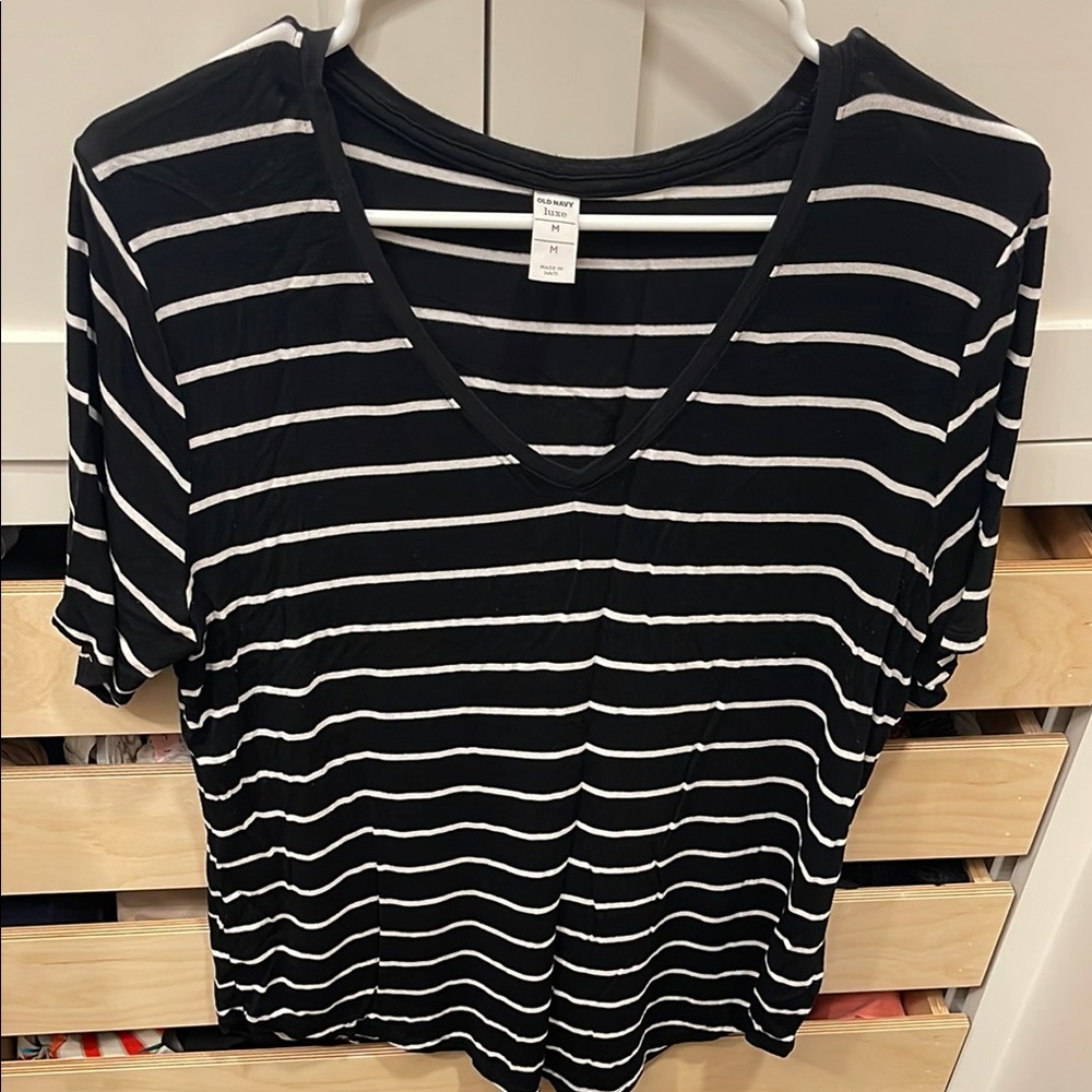 Black and White Striped V-Neck Top